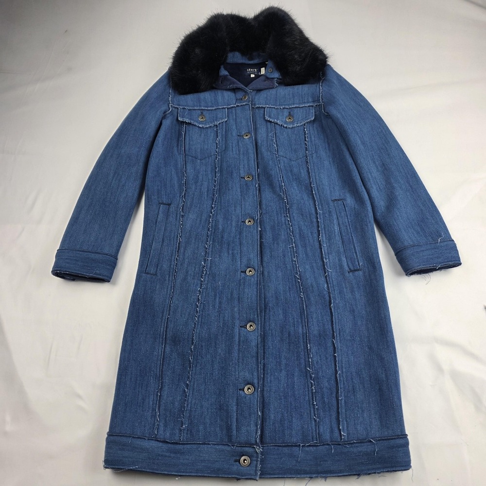 Levi's Made & Crafted Coat Womens Small Blue Denim Faux Fur Collar Button Front